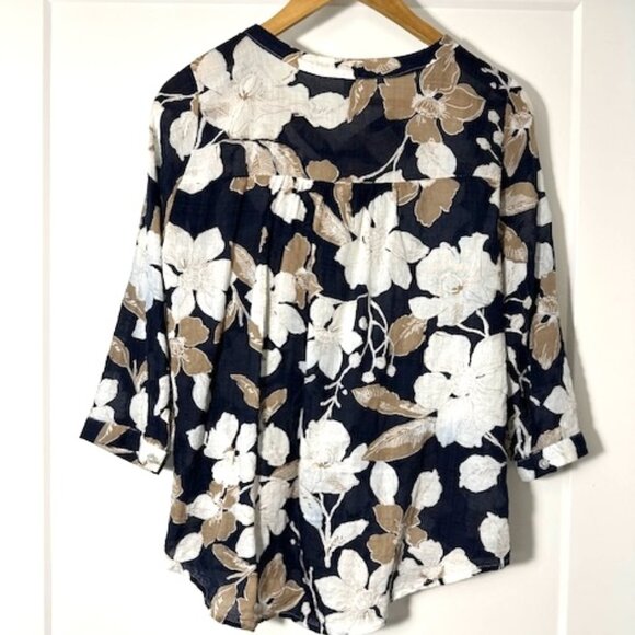 Floral Summer Navy Tan Blouse - Picture 2 of 3